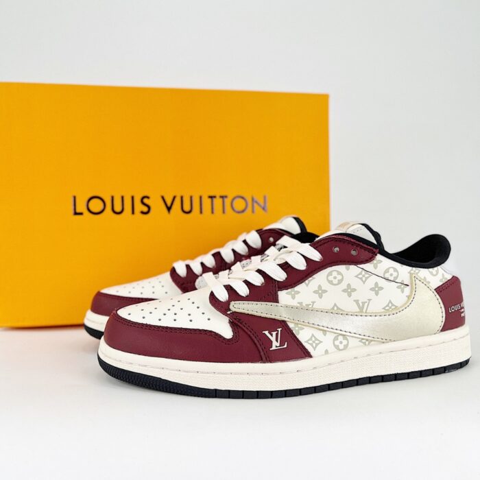 NIKE AIR JORDAN 1 LOW X TRAVIS SCOTT X LOUIS VUITTON WHITE DARK RED BLACK SILVER - Image 2