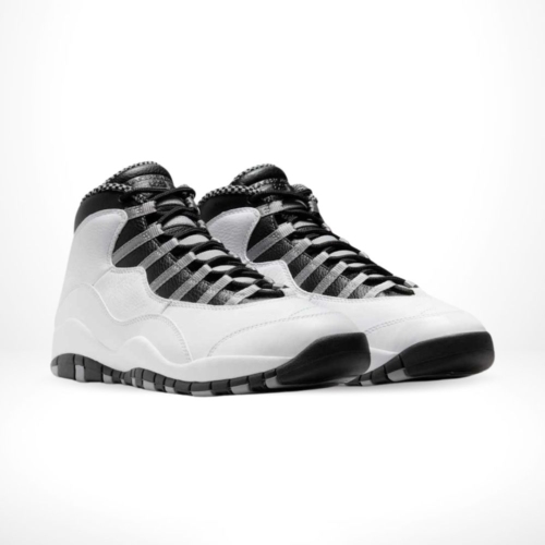 Angled front view of a full pair of Air Jordan 10